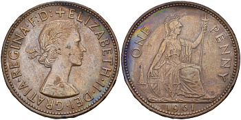 Великобритания 1 пенни 1961 Елизавета II (1952-2022) KM 897, Spink 4157 бронза 4117-844