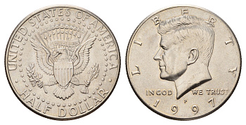 США 1/2 доллара (50 центов) 1997 P, Джон Кеннеди KM A202b медь плакированная медно-никелем UNC 4672-725