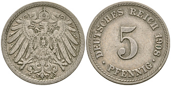Германия 5 пфеннигов 1908 A KM 11, Jager 12, Weege 6 медно-никель 4364-4535
