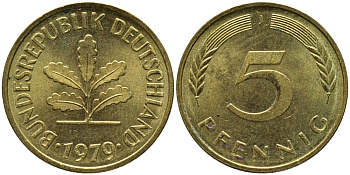 ФРГ 5 пфеннигов 1979 J KM 107, J.382 сталь плакированная латунью 99-121