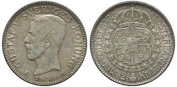 Швеция 2 кроны 1936 G, Густав V (1907-1950) KM 787 серебро 00-00