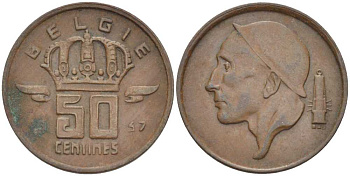 Бельгия 50 сантимов 1957 Belgie, Бодуэн I (1951-1993) KM 149.1 бронза 4396-219