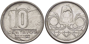 Бразилия 10 сентаво 1989 золотодобыча KM 613 нержавеющая сталь 116-656