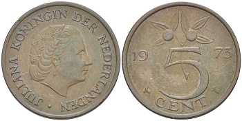 НИДЕРЛАНДЫ 5 ЦЕНТОВ 1973 ЮЛИАНА (1948-1980) KM 181 бронза 213-1122