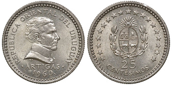 Уругвай 25 сентесимо 1960 KM 40 медно-никель 4169-858