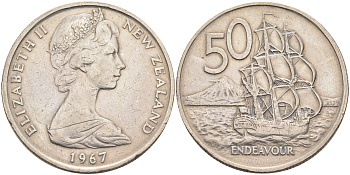 Новая Зеландия 50 центов 1967 Елизавета II (1952-2022), парусник Индевор KM 37.1 медно-никель 4590-522