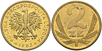 Польша 2 злотых 1982 MW, Народная Республика KM 80.1, Parchimowicz 217i латунь UNC 4580-746