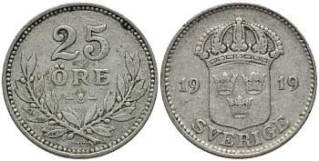 Швеция 25 эре 1919 W, Густав V (1907-1950) КМ 785 серебро 201-1047