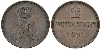 Ганновер 2 пфеннига 1851 B, Эрнст Август (1837-1851) KM 202.1, AKS 124, J. 75 медь 72-417