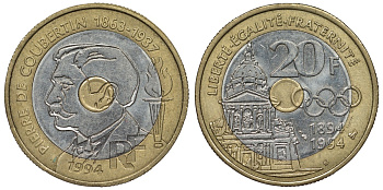 Франция 20 франков 1994 100 лет международному Олимпийскому комитету, Пьер Кубертен KM 1036, Le Franc 405.2 триметалл 4123-723
