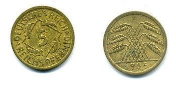 ГЕРМАНИЯ 5 РЕЙХСПФЕННИГОВ 1925 E, KM 39, J. 316 алюминиевая бронза 46-2314