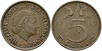 НИДЕРЛАНДЫ 5 ЦЕНТОВ 1961 ЮЛИАНА KM 181 бронза 95-345