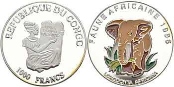 Конго 1000 франков 1996 Африканская фауна, слон, цветная эмаль KM 40 серебро PROOF 1091-3-33