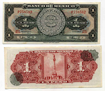 МЕКСИКА 1 ПЕСО 1965 9 ИЮНЯ 1965 Pick 59i бумага 8589-47-2-1