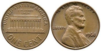 США 1 ЦЕНТ 1968 ЛИНКОЛЬН KM 201 медь цинк 93-1241
