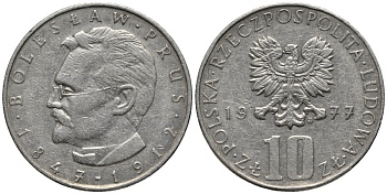 Польша 10 злотых 1977 MW, Болеслав Прус KM 73 медно-никель 4577-1116