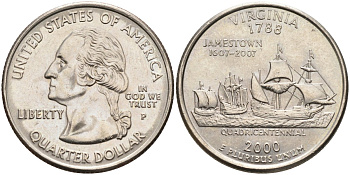 США 25 центов = квотер 2000 Р, серия штаты США, Вирджиния KM 309 медь плакированная медно-никелем 4586-144