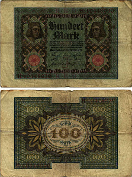 Германия 100 марок 1920 Бамбергский всадник, 8 цифр в номере, буква J Pick 69 b, Розенберг 69b бумага 8609-57-2