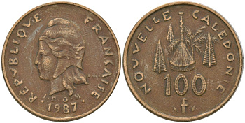 Французская Новая Каледония 100 франков 1987 хижина среди сосен и пальм, (IEOM) KM 15, Schoen 16, Lec 135 никель латунь 4137-946
