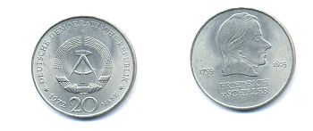 ГДР 20 марок 1972 А, Фридрих Шиллер (1759-1805) KM 40 медно-никель 3333-813