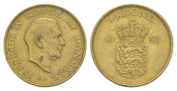 Дания 1 крона 1956 C, Фредерик IX (1947-1972) KM 837 алюминиевая бронза 4638-734