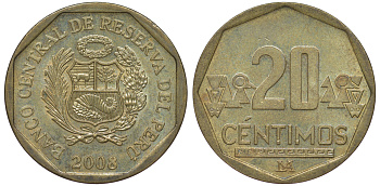 Перу 20 сентимо 2008 KM 306.4 латунь aUNC 4605-514