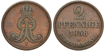 Брауншвейг-Каленберг-Ганновер 2 пфеннига 1858 B, Георг V (1851-1866) KM 234,aKS 153, J. 91 медь 4142-415