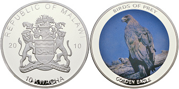 Малави 10 квача 2010 хищные птицы, беркут, цветная эмаль, диаметр 50 мм PROOF 05-089-13