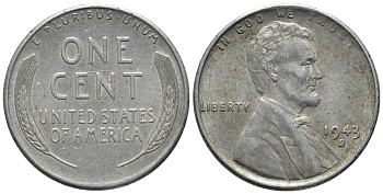 США 1 цент 1943 S (Сан-Франциско), Авраам Линкольн KM 132а сталь плакированная цинком 66-211