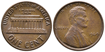 США 1 ЦЕНТ 1969 ЛИНКОЛЬН KM 201 медь цинк 4364-832