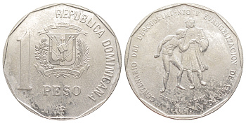 Доминиканская Республика (Доминикана) 1 песо 1990 500 лет открытию и евангелизации Америки KM 77 медно-никель BU 650-1214