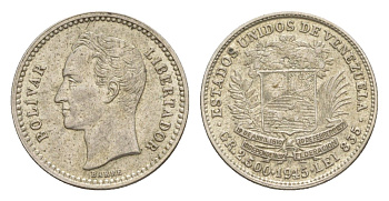 Венесуэла 1/2 боливара 1945 KM 21a серебро 1527-1034