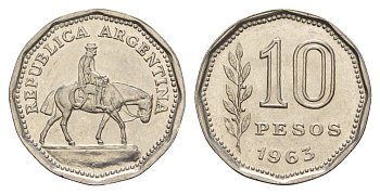 Аргентина 10 песо 1963 Гаучо KM 60 сталь плакированная никелем 4656-1141