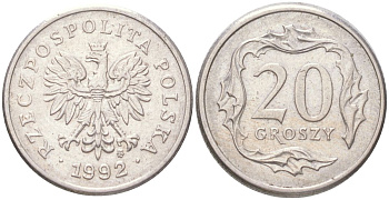 Польша 20 грошей 1992 Y 280 медно-никель UNC 4614-325