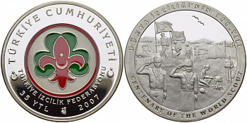 Турция 35 новых лир 2007 100 лет скаутскому движению, эмаль KM NEW серебро PROOF 1081-3-52