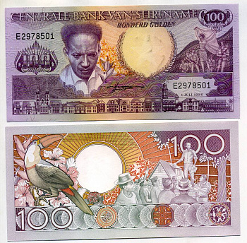 Суринам 100 гульденов 1986 Антон де Ком, тукан на ветке, 1 буква в серии Pick 133 a (1) бумага UNC (пресс) 448-5-2