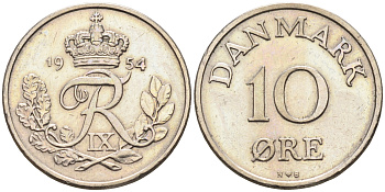 Дания 10 эре 1954 N. S, Фредерик IX (1947-1972) КМ 841.1 медно-никель    4169-16812