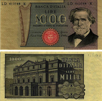 Италия 1000 лир 1980 9 сентября 1980 Джузеппе Верди, Милин Ла Скала Pick 101g бумага 7183-15-4-2