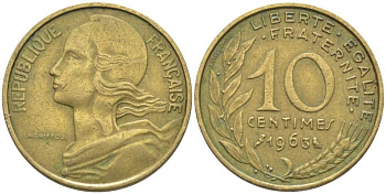 ФРАНЦИЯ 10 САНТИМОВ 1963 ТИП MARIANE KM 929, LE FRANC 144.3 алюминиевая бронза 116-415