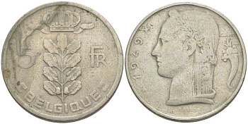 Бельгия 5 франков 1949 Леопольд III (1934-1950), Belgique KM 134.1 медно-никель 119-713