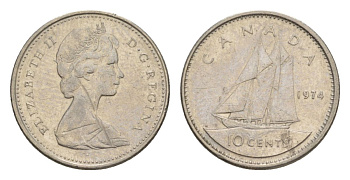 Канада 10 центов 1974 Елизавета II (1952-2022), парусник KM 77 никель 4630-823