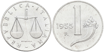 Италия 1 лира 1955 R, весы KM 91 алюминий  UNC  4594-644