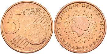 НИДЕРЛАНДЫ 5 ЕВРОЦЕНТОВ 2007 БЕАТРИКС KM 226 сталь плакированная медью 4543-233