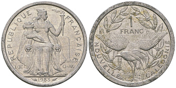 Французская Новая Каледония 1 франк 1983 птица кагу, (IEOM) KM 10, Schoen 10, Lec 46 алюминий    51-2415