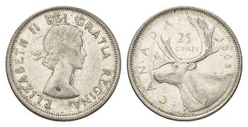 Канада 25 центов 1963 Елизавета II (1952-2022), олень KM 52 серебро 4622-843