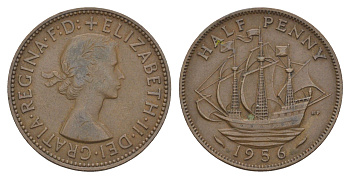 Великобритания 1/2 пенни 1956 Елизавета II (1952-2022) KM 896, Spink 4158 бронза 4153-1123