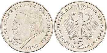 ФРГ 2 марки 1992 D, Франц Йозеф Штраус, 40 лет Федеративной Республике (1949-1989) KM 175, J. 450 медно-никель плакированный никелем 4168-446