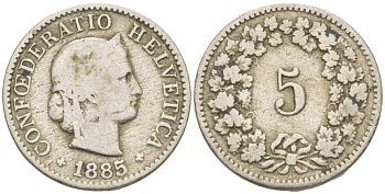 ШВЕЙЦАРИЯ 5 РАППЕНОВ 1895 В KM 26 медно-никель 3955-536