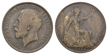 Великобритания 1 пенни 1914 Георг V (1910-1936) KM 810, Spink 4051 бронза 4661-525