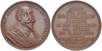 ШВЕЦИЯ МЕДАЛЬ 1832 КОРОЛЬ ШВЕЦИИ ГУСТАВ II АДОЛЬФ, К 200 - ЛЕТИЮ БИТВЕ ПРИ ЛЮТЦЕНЕ, В ПАМЯТЬ О ПАВШИХ (СМЕРТЬ КОРОЛЯ) 6 НОЯБРЯ 1632 ГОДА ГЕРОЯХ, ДИАМЕТР 33,5 ММ., ВЕС 15,67, МЕДАЛЬЕР KRUGER бронза 1084-2-41